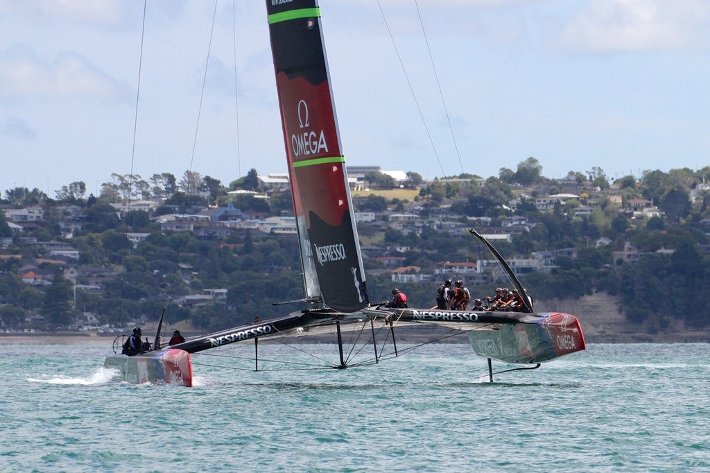 No foiling to windward in this shot - Emirates Team NZ - AC72 Aotearoa February 12, 2013 © Richard Gladwell www.photosport.co.nz